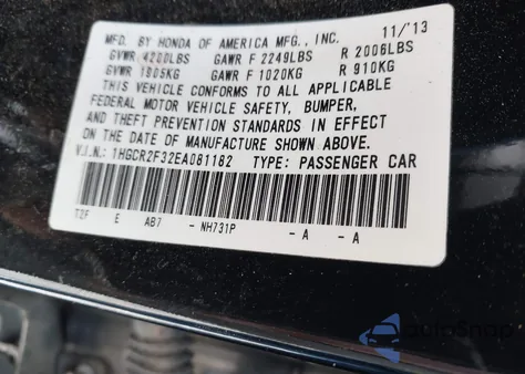 2014 Honda Accord Lx из США, поврежденный, VIN 1HGCR2F32EA081182